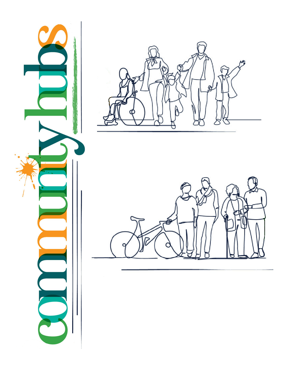 A drawing of adults, children, standing, with a bicycle, and in a whleechair
