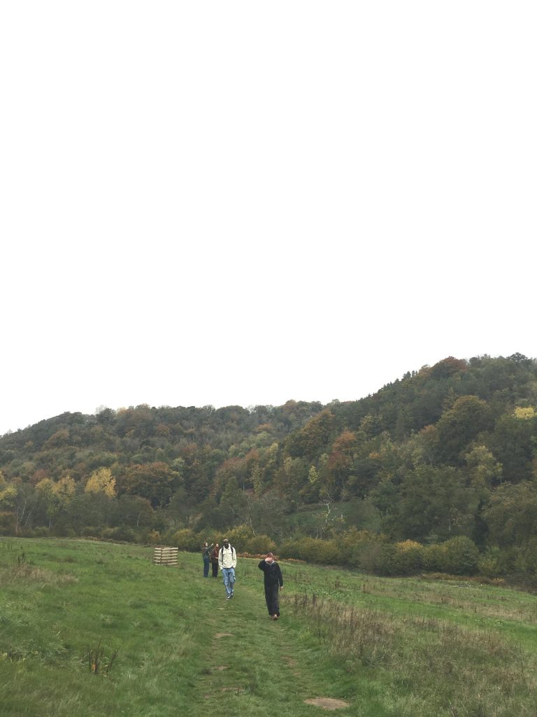 Some figures walking across a meadow